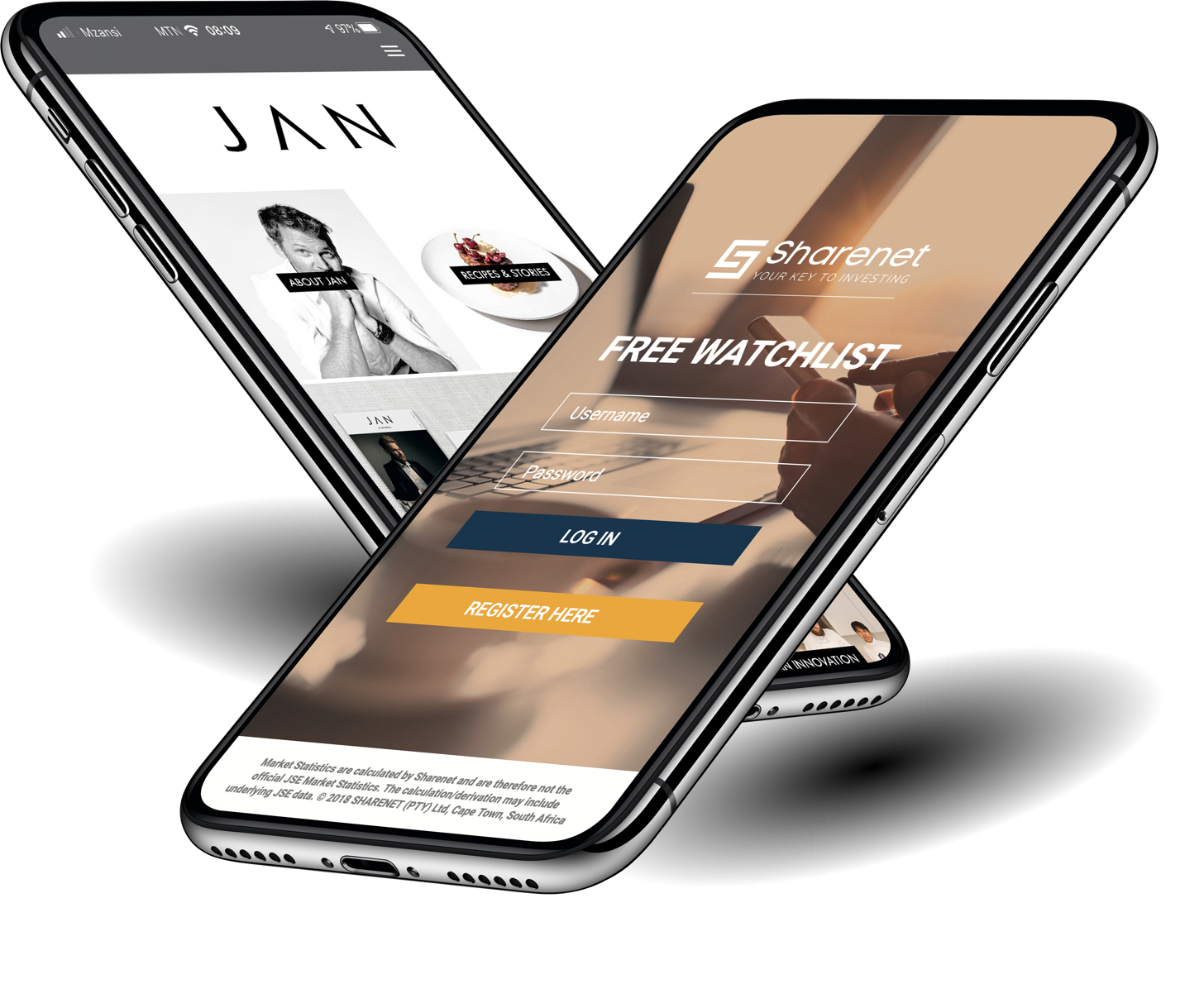 Mobile app screens for JAN and Sharenet